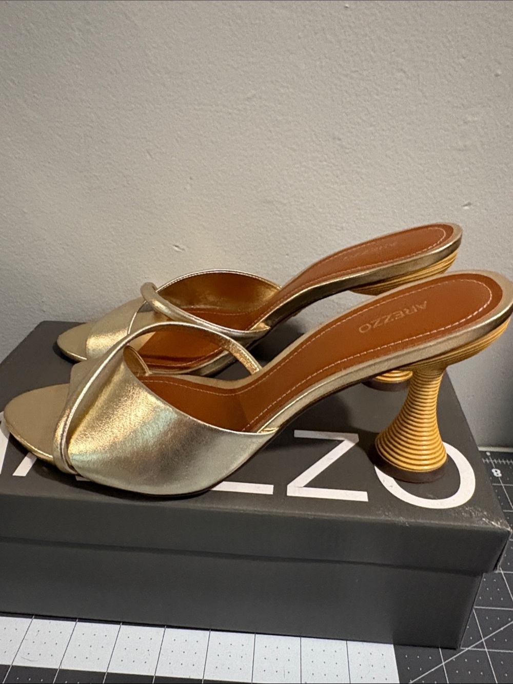 Metallic Gold Open-Toe Mule Heels with Sculpted Turned Heel